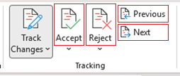 Example track changes options in Word